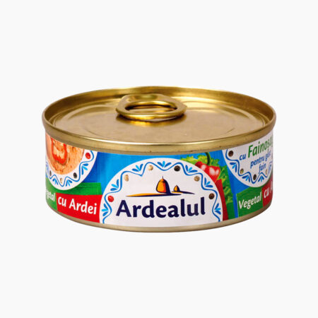 Can of Ardealul vegetable spread with peppers