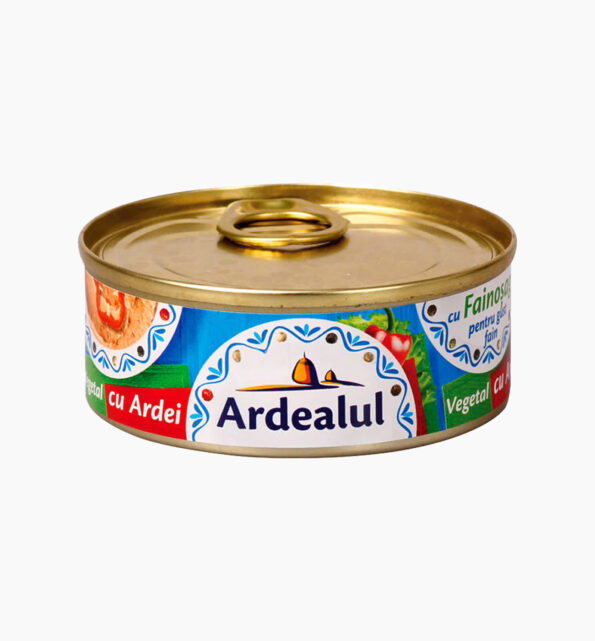 Can of Ardealul vegetable spread with peppers