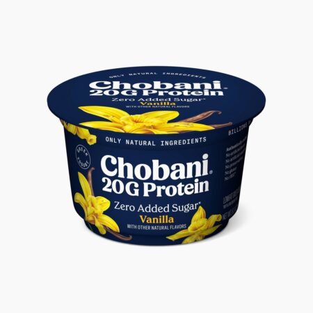Chobani 20G Protein Zero Added Sugar Vanilla Greek Yogurt 6.7 oz dark blue cup on white background