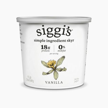 Siggi's Icelandic-style Vanilla Skyr 24 oz tub with red lid on white background