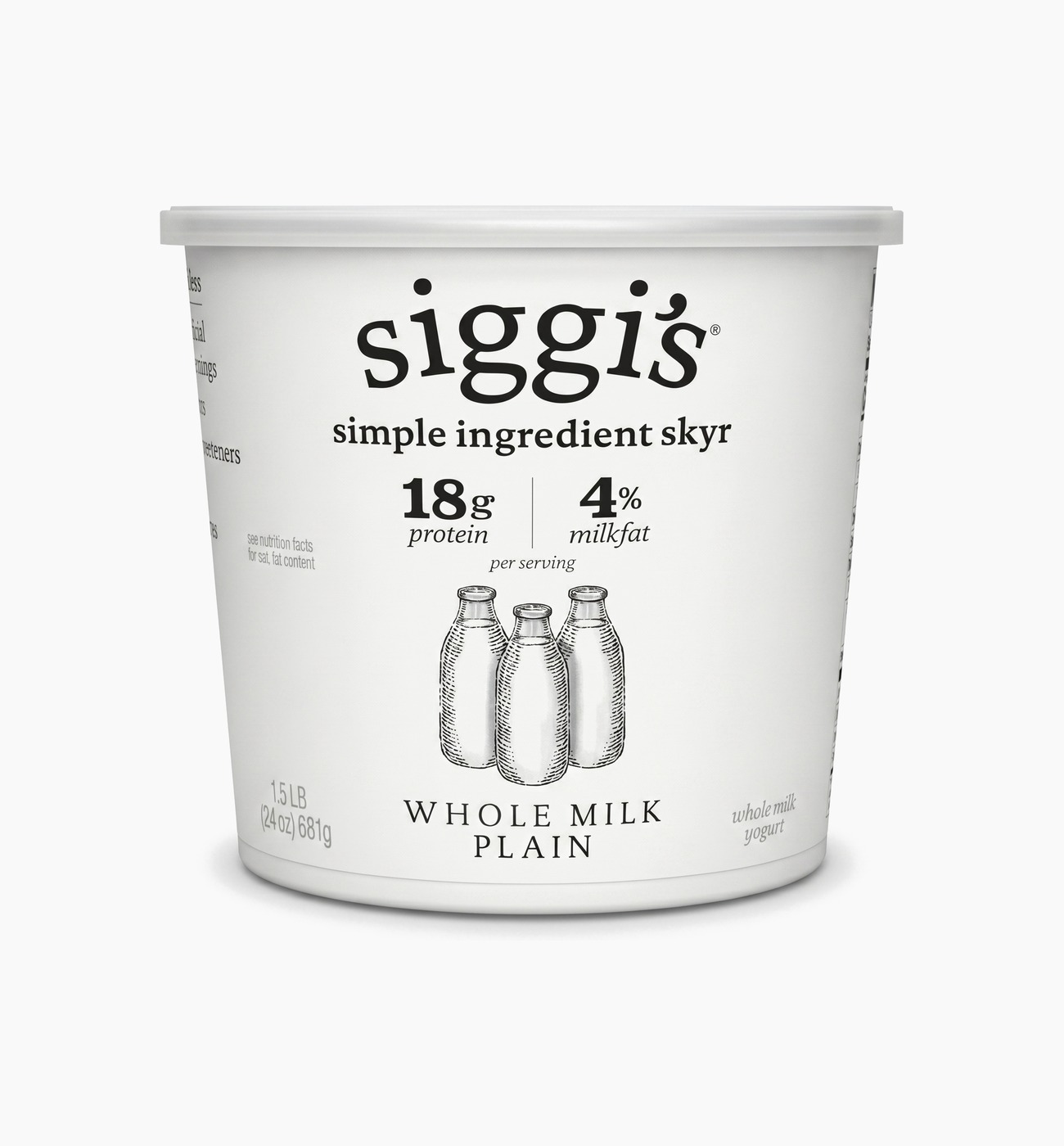 Siggi's Whole Milk Plain Yogurt Siggi's Icelandic-style Whole-Milk Plain Skyr 24 oz tub with red lid on white background