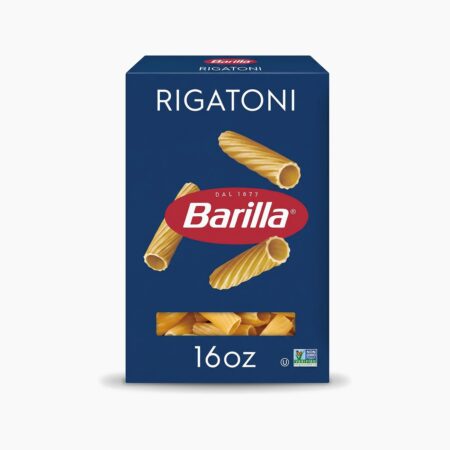 Barilla Rigatoni pasta box 1 lb on white background