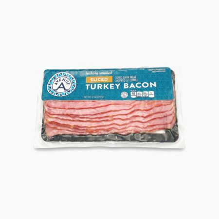 Avenue A Hickory Smoked Sliced Turkey Bacon 12 oz vacuum-sealed package on white background